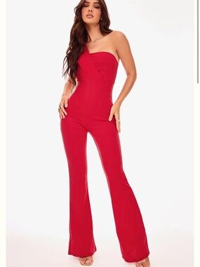 PrettyLittleThing Red Strapless Flared Jumpsuit